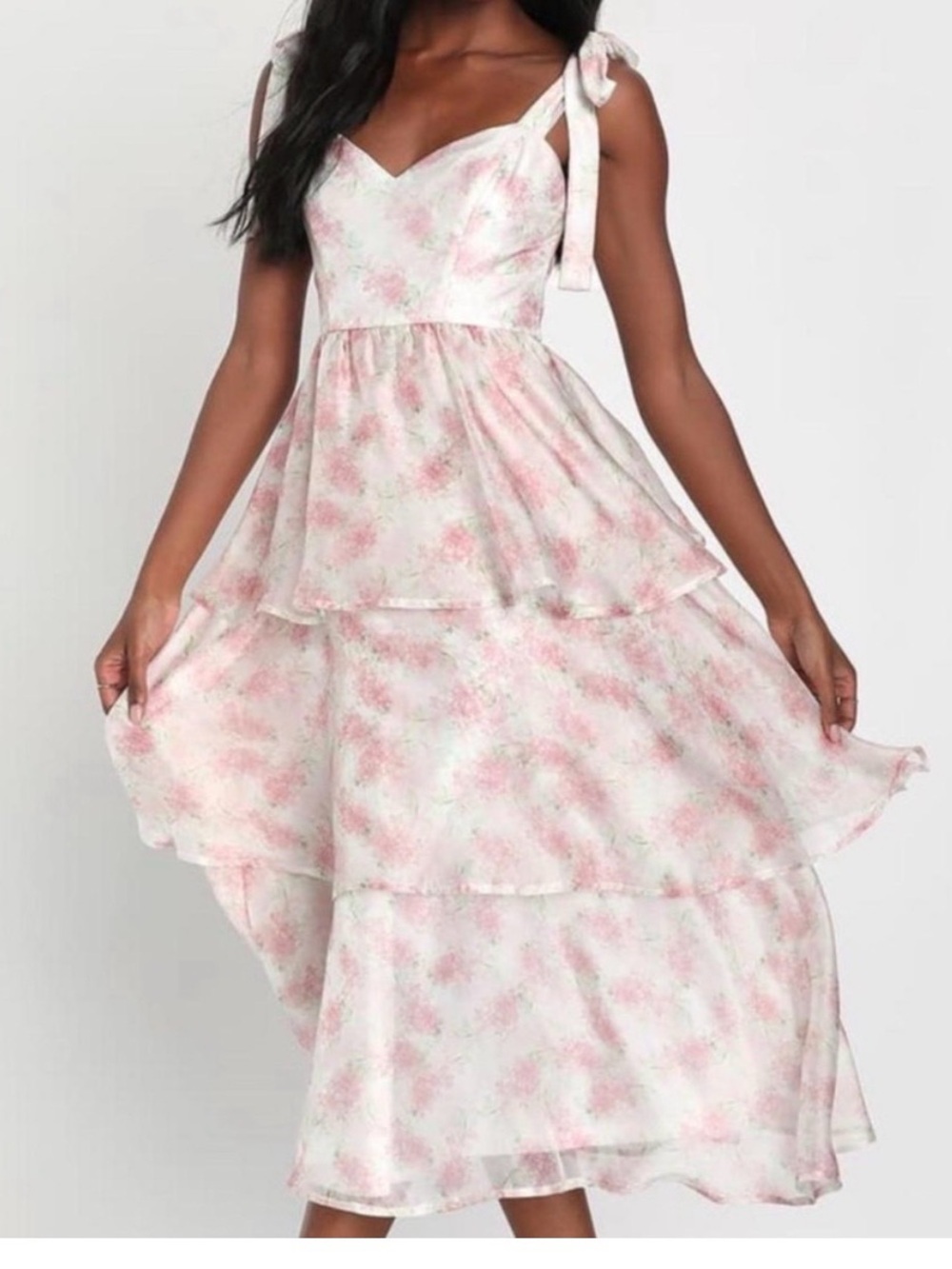 Lulu's Pink & White Floral Tiered Midi Dress with Tie Straps